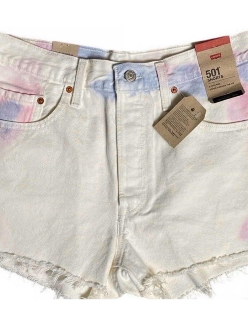 Levi's 501 White Denim Shorts with Pastel Tie-Dye Accents